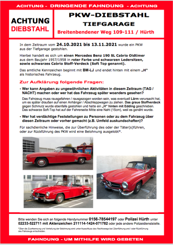 Der emotionale Fahdungsaufruf macht deutlich, wie sehr das Diebstahlopfer an seinem 190 SL hängt 