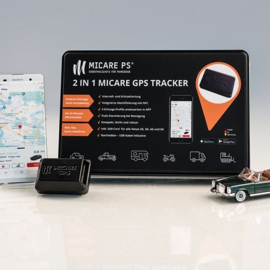 MICARE GPS Tracker mit Intervall- und Echtzeitortung per App, bis zu 2 Jahre Akkulaufzeit, inklusive SIM Card mit 24 Monaten Konnektivität, starkem Magnet und doppelseitigem Gelklebepad