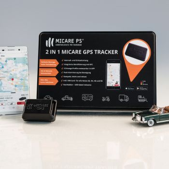 MICARE GPS tracker with interval and real-time location via app, up to 2 years battery life, includes SIM card with 24 months connectivity, strong magnet and double-sided gel adhesive pad