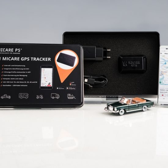 MICARE GPS tracker with interval and real-time location via app includes SIM card with 24 months connectivity, strong magnet and double-sided gel adhesive pad